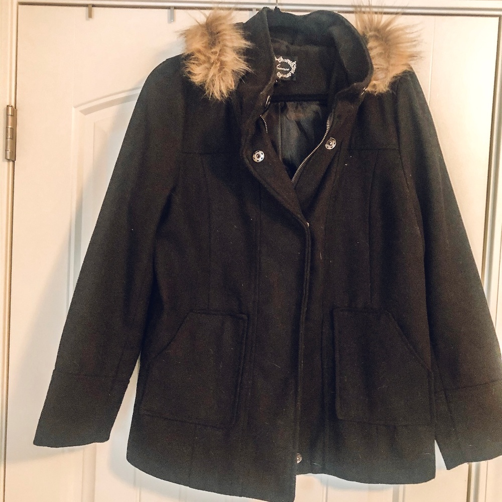 Black coat with fur hood